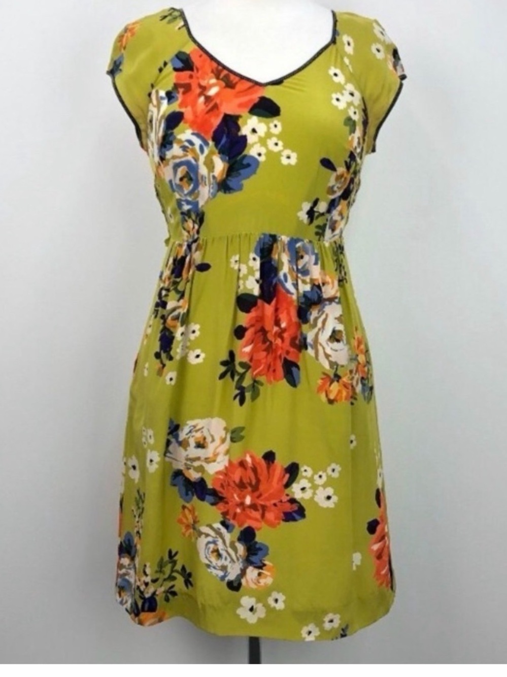 Anthropology Moulinette Soeurs Floral V-Neck Silk Green Summer Dress